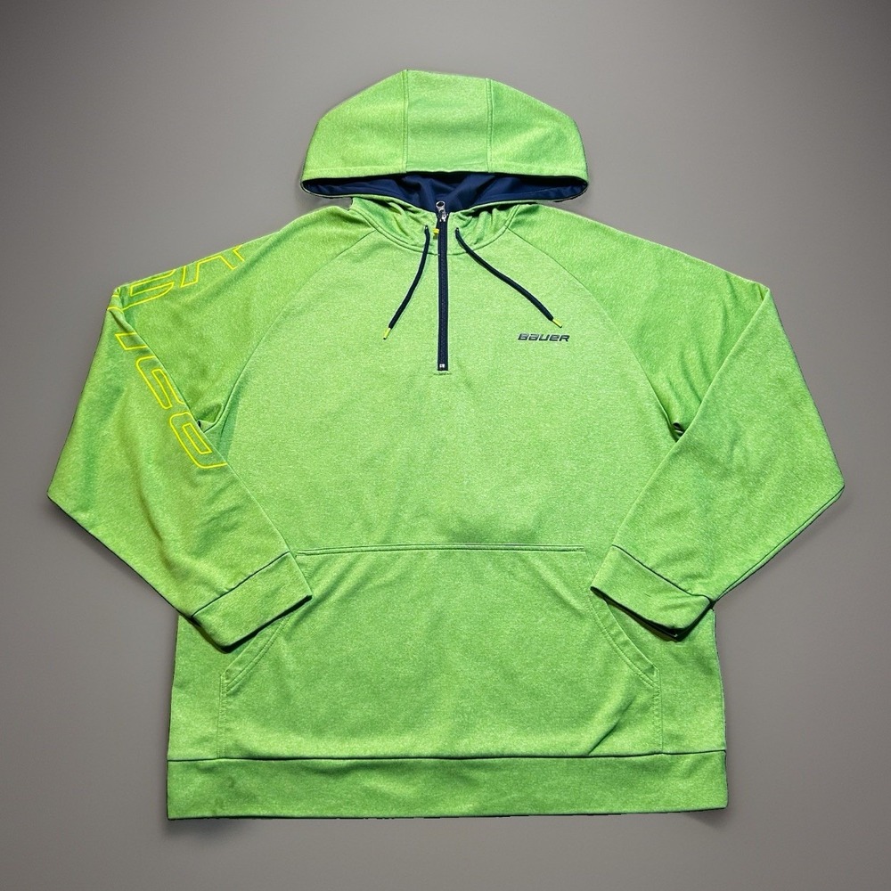 Bauer Hockey Mens 1/4 Zip Pullover Hoodie Sweatshirt Green Yellow Size XL